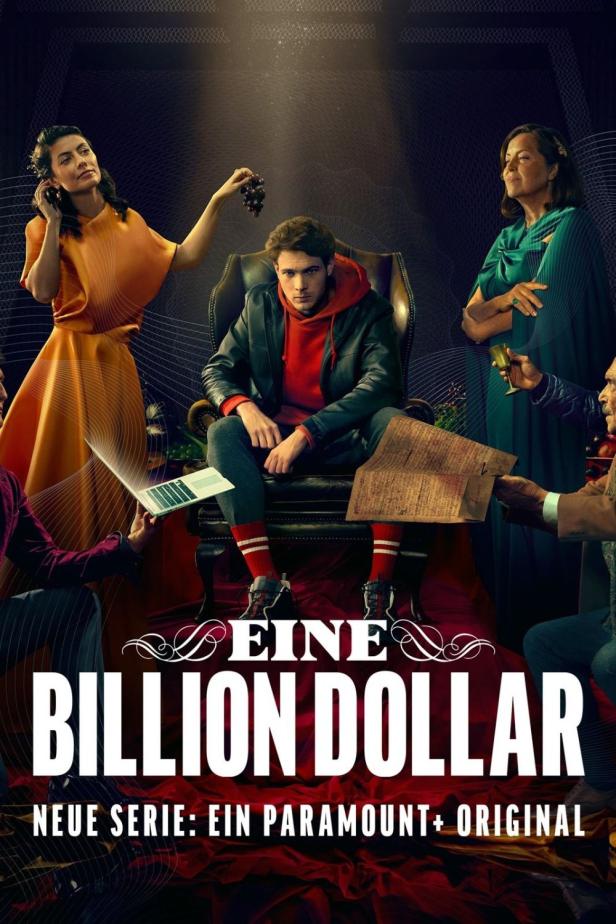 Das Poster zur Paramount+ Serie „Eine Billion Dollar“ zeigt einen jungen Mann im Sessel, umgeben von älteren Menschen.