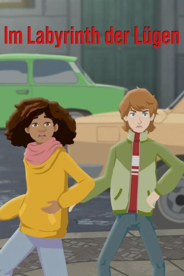 Zwei animierte Teenager stehen vor dem Titel „Im Labyrinth der Lügen“.