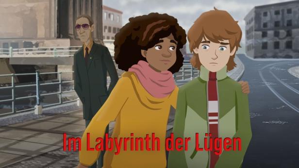 Szene aus dem Animationsfilm „Im Labyrinth der Lügen“ mit drei Charakteren.