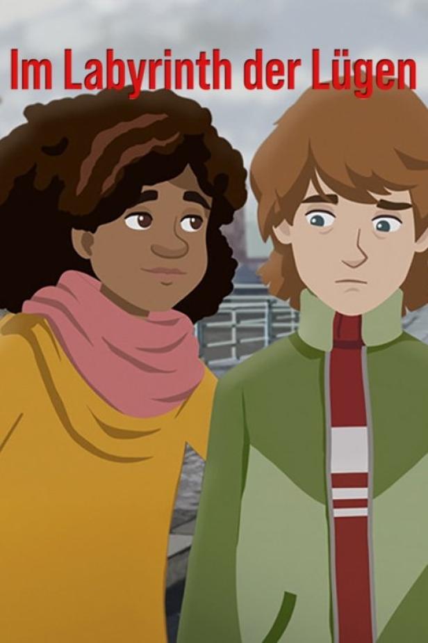 Zwei animierte Teenager stehen vor dem Titel „Im Labyrinth der Lügen“.