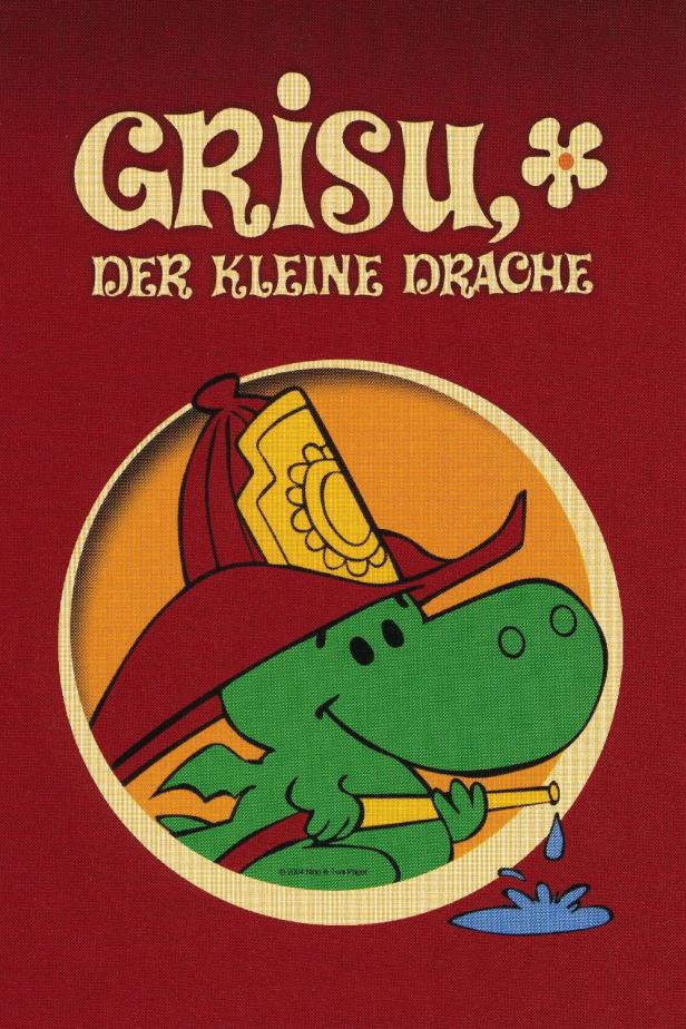 Ein grüner Drache mit Feuerwehrhelm und Wasserschlauch, genannt Grisu.