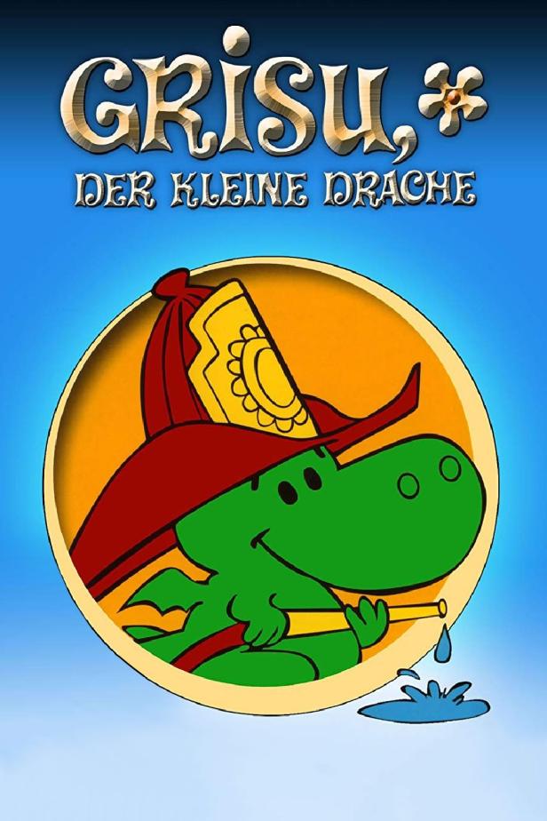 Das Cover der Zeichentrickserie „Grisu, der kleine Drache“ mit dem kleinen grünen Drachen als Feuerwehrmann.