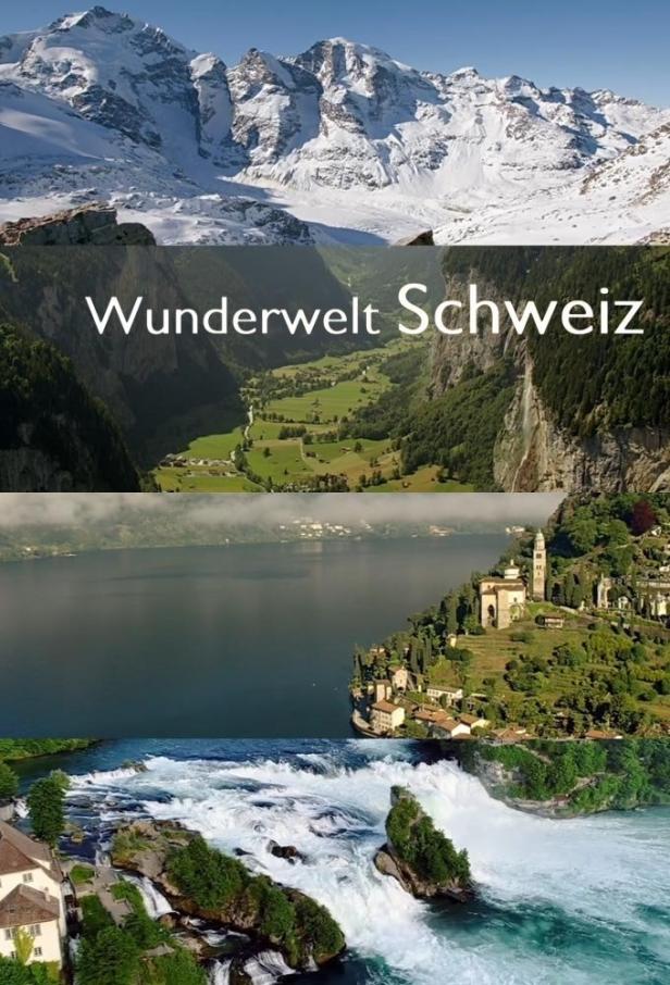Die Schweizer Landschaft zeigt schneebedeckte Berge, ein grünes Tal, einen See und einen Wasserfall.