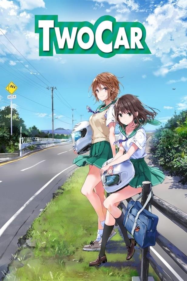 Zwei Anime-Mädchen in Schuluniformen stehen mit Helmen an einer Landstraße.