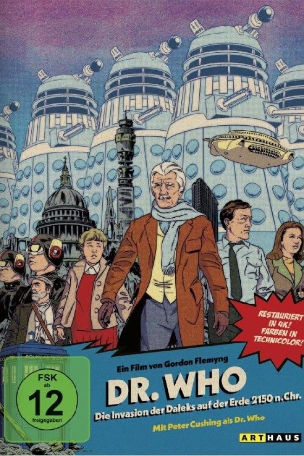 Das Cover des Films „Dr. Who: Die Invasion der Daleks auf der Erde 2150 n.Chr.“ zeigt Peter Cushing und Daleks vor Londoner Wahrzeichen.