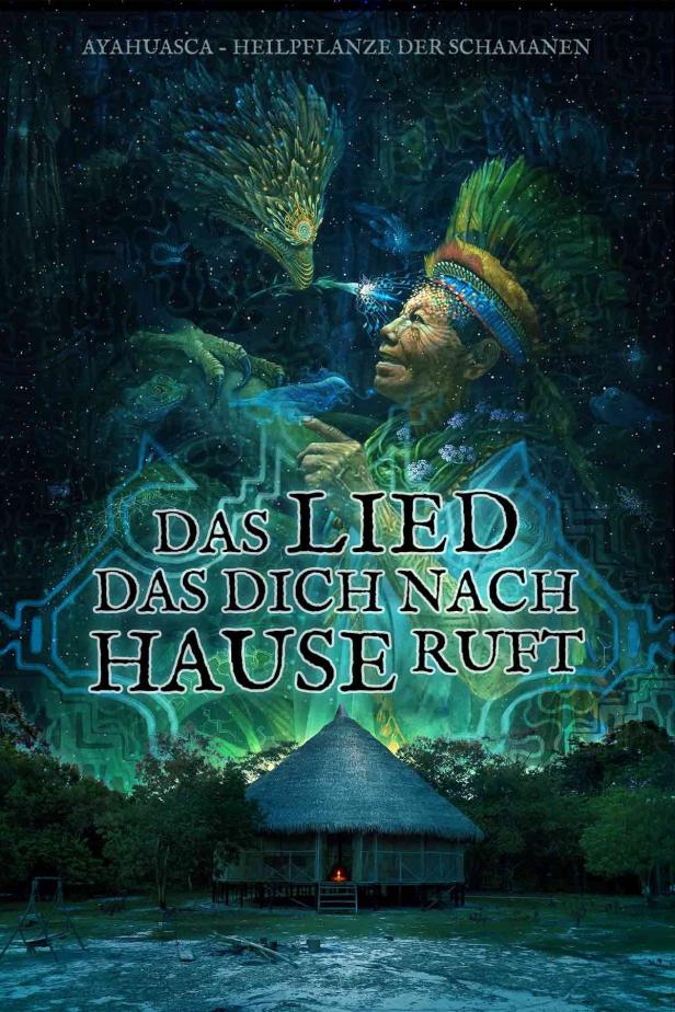 Ein Schamane mit Kopfschmuck und ein traditionelles Haus unter einem Sternenhimmel.