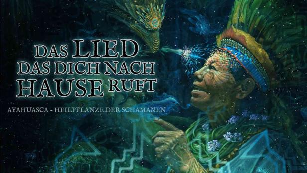 Ein Schamane mit Kopfschmuck, umgeben von spirituellen Symbolen und dem Text „Das Lied, das dich nach Hause ruft“.