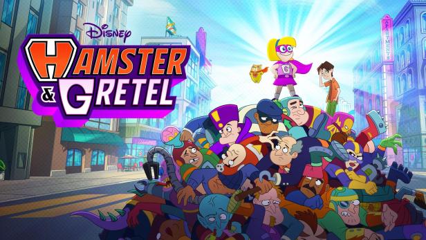Das animierte Disney-Logo für „Hamster & Gretel“ mit den beiden Titelhelden und einer Gruppe von Bösewichten.