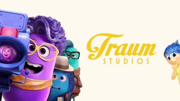 Figuren aus dem Film „Alles steht Kopf“ vor dem Logo der Traum Studios.