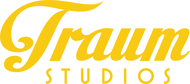 Das gelbe Logo von Traum Studios auf schwarzem Hintergrund.