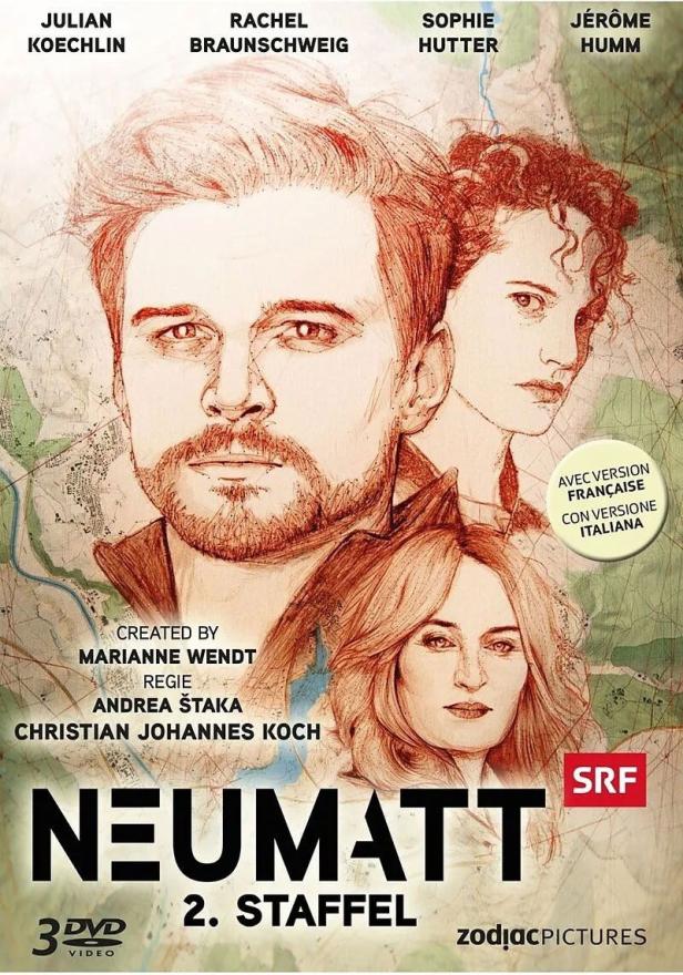 Das Cover der 2. Staffel der SRF-Serie „Neumatt“ mit den Darstellern Julian Koechlin, Rachel Braunschweig, Sophie Hutter und Jérôme Humm.