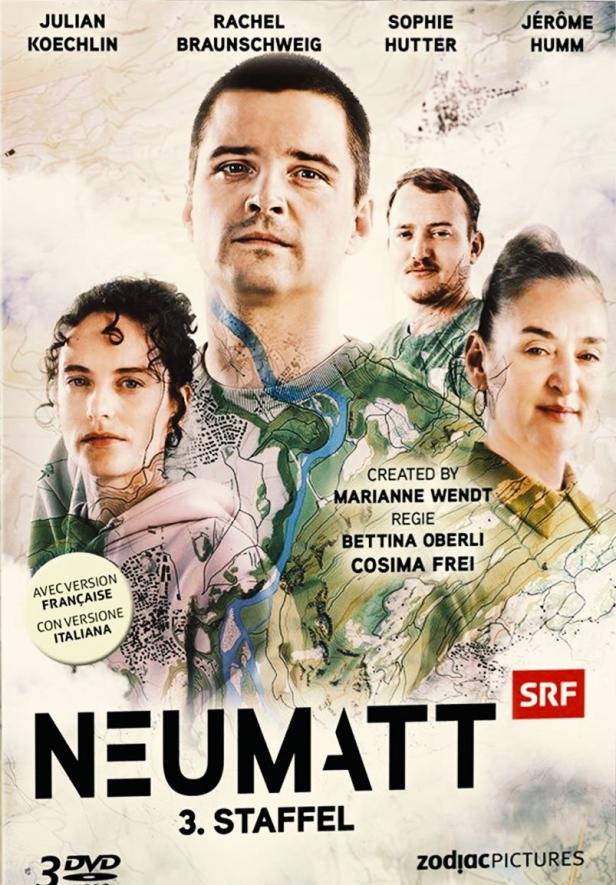 Das Cover der dritten Staffel der Fernsehserie „Neumatt“ mit den Schauspielern Julian Koechlin, Rachel Braunschweig, Sophie Hutter und Jérôme Humm.