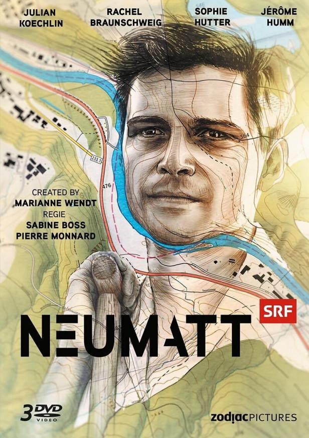 Das Filmplakat für „Neumatt“ zeigt das Gesicht eines Mannes über einer topografischen Karte.