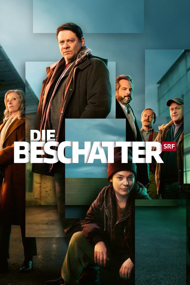 Das Filmplakat für „Die Beschatter“ zeigt die Hauptdarsteller vor einem urbanen Hintergrund.