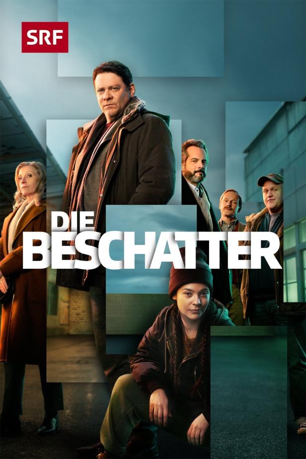 Das Filmplakat für „Die Beschatter“ zeigt eine Gruppe von Personen vor einem Gebäude.