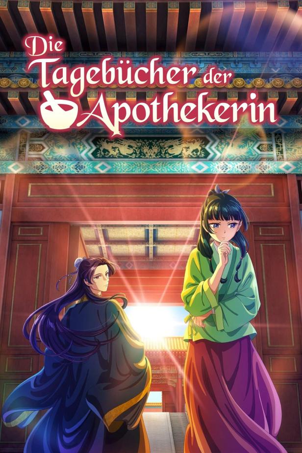 Cover-Artwork für „Die Tagebücher der Apothekerin“ mit zwei Charakteren vor einem Gebäude.