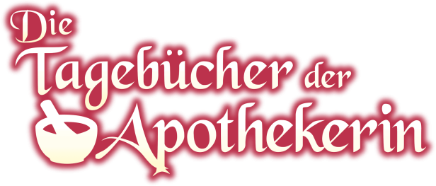 Logo für „Die Tagebücher der Apothekerin“ mit einem Mörser als Bildelement.