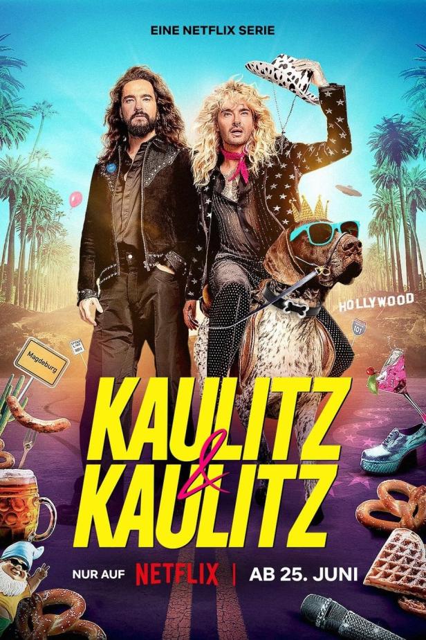 Das Poster für die Netflix-Serie „Kaulitz & Kaulitz“ zeigt Tom und Bill Kaulitz mit einem Hund vor einer Hollywood-Kulisse.
