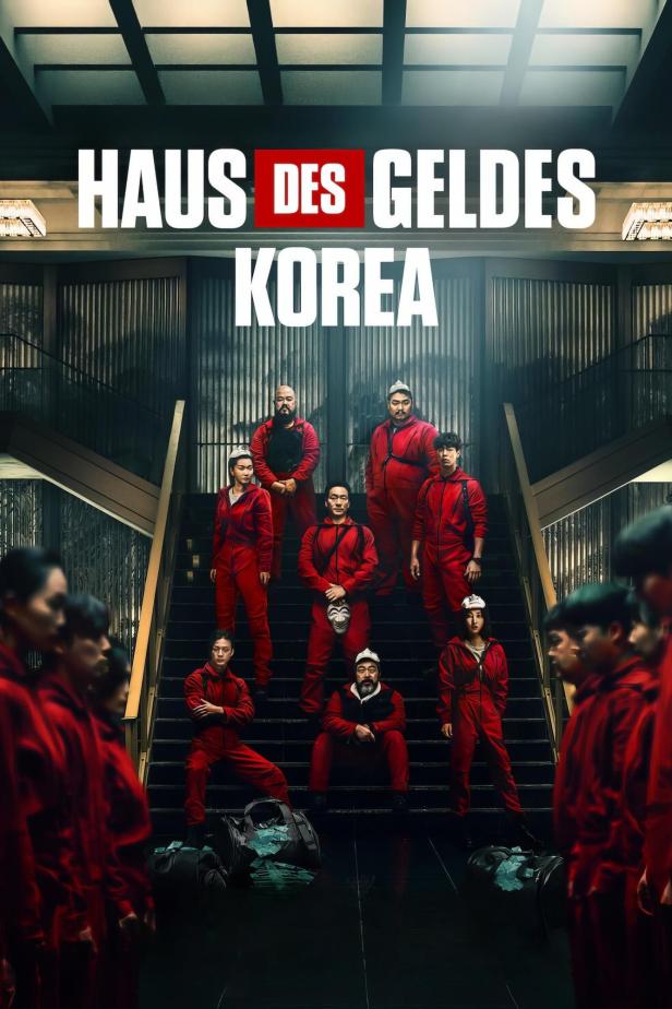 Das Poster für „Haus des Geldes: Korea“ zeigt die Räuber in roten Overalls auf einer Treppe.