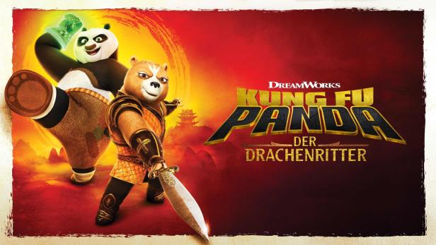 Das Filmplakat zu „Kung Fu Panda: Der Drachenritter“ zeigt Po und einen Bären mit einem Schwert.