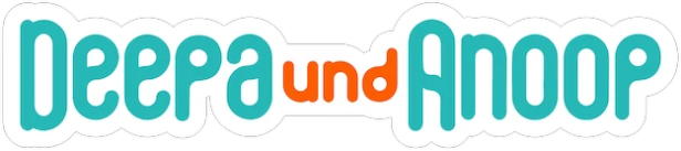 Das stilisierte Logo von „Deepa und Anoop“ in Türkis und Orange.