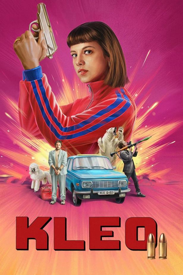 Das Poster für die Serie „Kleo“ zeigt eine Frau mit Pistole, einen Trabant und weitere Figuren.