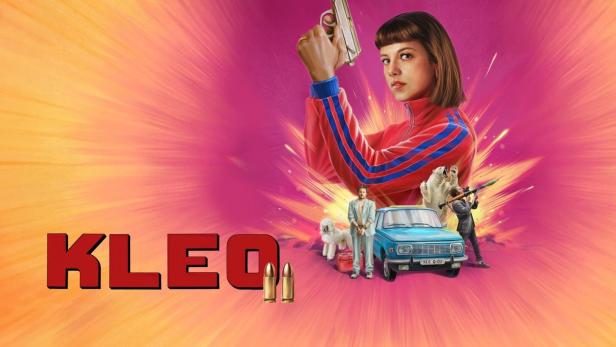 Das Keyart für die Serie „Kleo“ zeigt eine Frau mit Pistole, einen Mann in Handschellen und einen Eisbären.