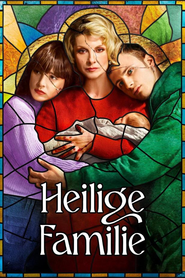 Das Poster für „Heilige Familie“ zeigt eine Frau mit zwei Jugendlichen und einem Baby im Stil eines Glasfensters.