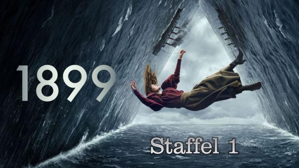 Eine Frau fällt zwischen zwei riesigen Wellen unterhalb eines Schiffes; Titelbild der Serie „1899“.