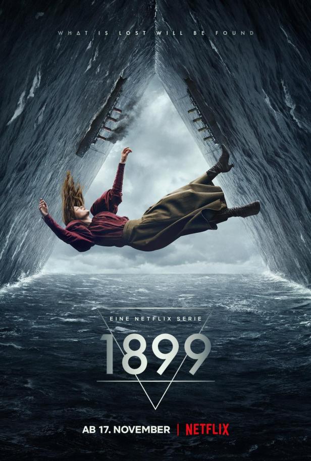 Eine Frau fällt zwischen zwei Schiffen in die dunkle See, Plakat für die Netflix-Serie „1899“.