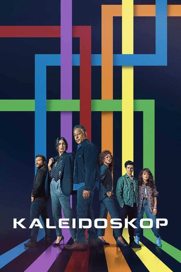 Das Filmplakat für „Kaleidoskop“ zeigt die Hauptdarsteller vor einem bunten, abstrakten Hintergrund.