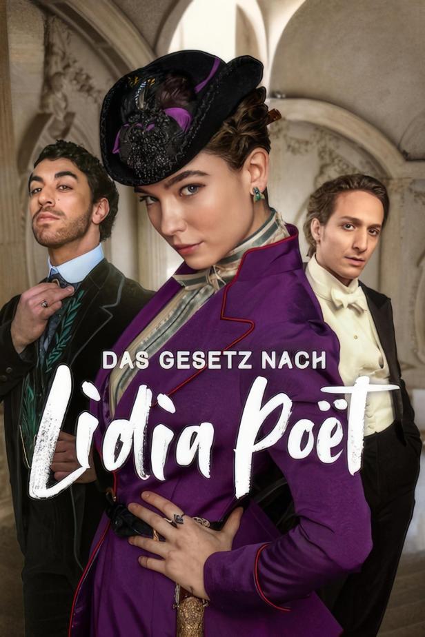 Das Poster zur Serie „Das Gesetz nach Lidia Poët“ zeigt Lidia Poët mit zwei Männern im Hintergrund.