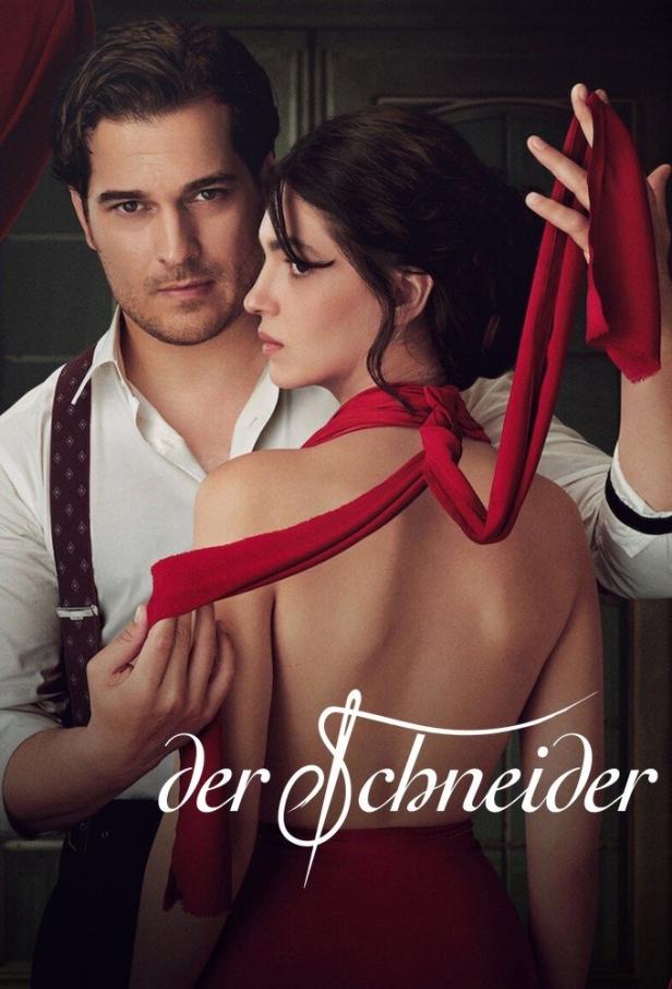 Ein Mann und eine Frau, beide in roter Kleidung, auf dem Filmplakat zu „Der Schneider“.
