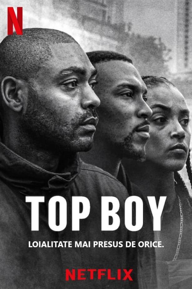 Schwarzweiß-Poster für die Netflix-Serie „Top Boy“ mit drei Hauptdarstellern.