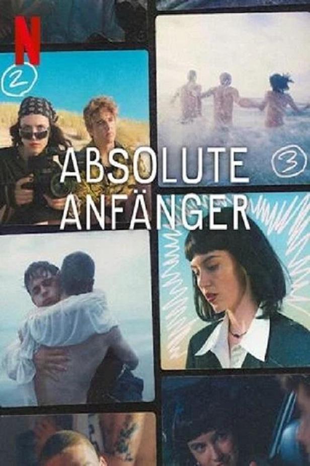 Das Filmplakat für „Absolute Anfänger“ zeigt eine Collage von Szenen mit jungen Darstellern.