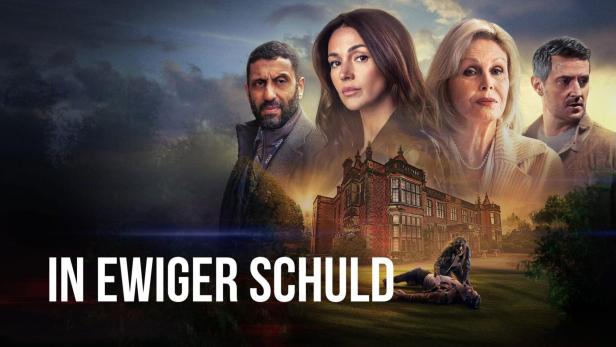 Das Filmplakat für „In ewiger Schuld“ zeigt die Hauptdarsteller vor einem Herrenhaus.