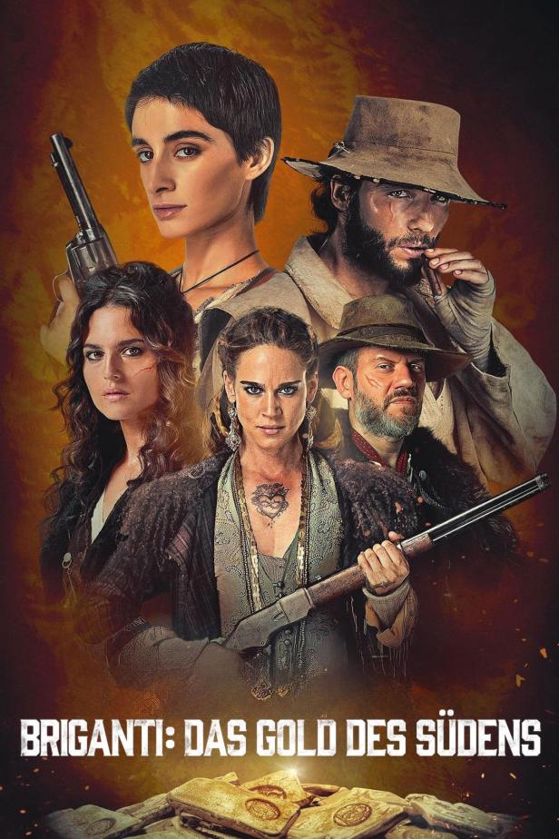 Das Filmplakat zu „Briganti: Das Gold des Südens“ zeigt mehrere bewaffnete Personen.