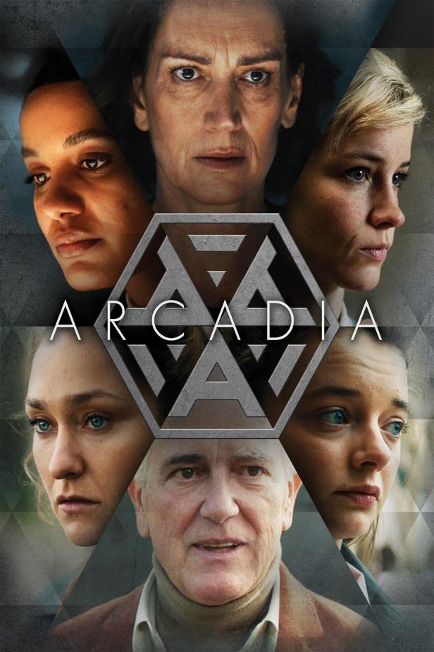 Das Filmplakat für „Arcadia“ zeigt sechs verschiedene Gesichter in einer sechseckigen Anordnung.