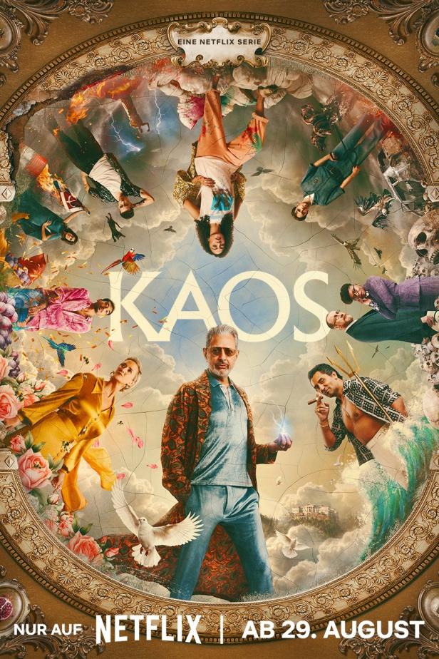 Das Poster für die Netflix-Serie „Kaos“ zeigt Jeff Goldblum und andere Darsteller in einer chaotischen Szene.