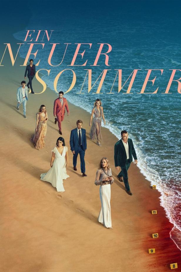 Das Filmplakat zu „Ein neuer Sommer“ zeigt mehrere Personen am Strand, der mit Spuren markiert ist.