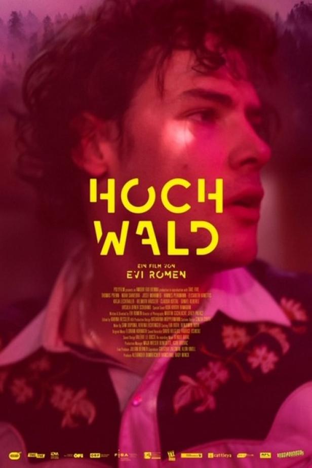 Das Filmplakat für „Hochwald“ zeigt das Porträt eines jungen Mannes vor einem Wald im Hintergrund.