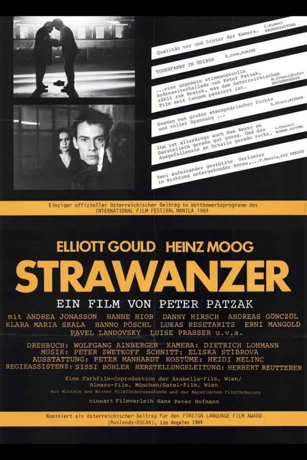 Das Filmplakat für „Strawanzer“ mit Elliott Gould und Heinz Moog, ein Film von Peter Patzak.