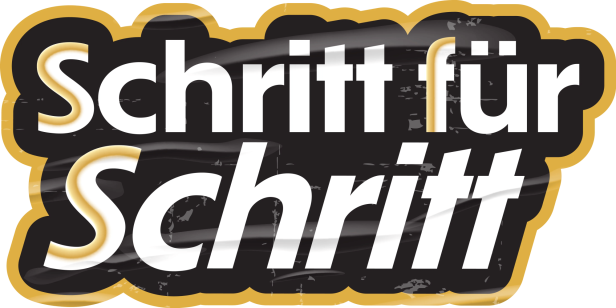 Das Wort „Schritt für Schritt“ auf einem Aufkleber.