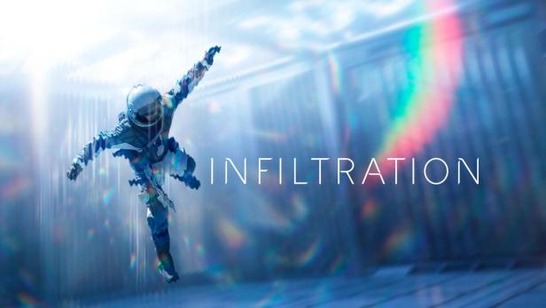 Ein Astronaut schwebt in einem hellen, futuristischen Raum.