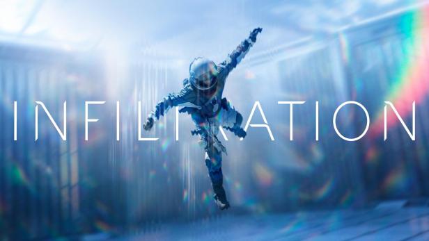 Ein Astronaut schwebt vor dem Schriftzug „Infiltration“.
