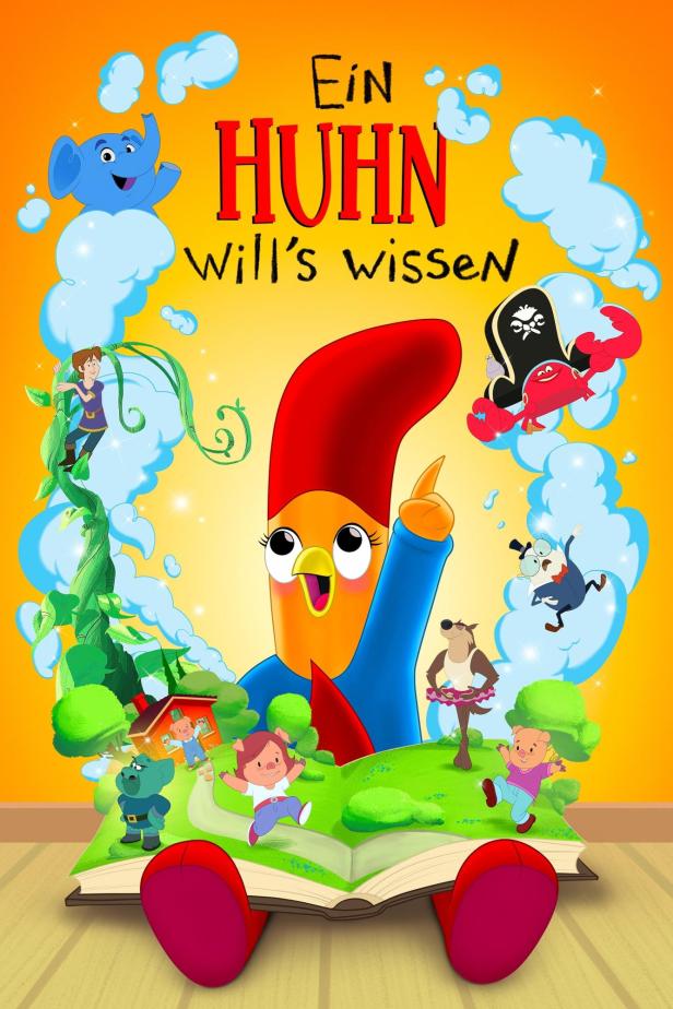 Das Cover des Kinderbuchs „Ein Huhn will’s wissen“ mit einem stilisierten Huhn und Märchenfiguren.