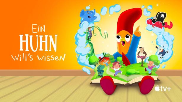 Das Titelbild der Kindersendung „Ein Huhn will's wissen“ auf Apple TV+ mit einem animierten Huhn und anderen Figuren.