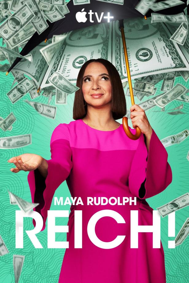 Maya Rudolph steht unter einem Regenschirm aus Geldscheinen für die Apple TV+ Serie „Loot“.