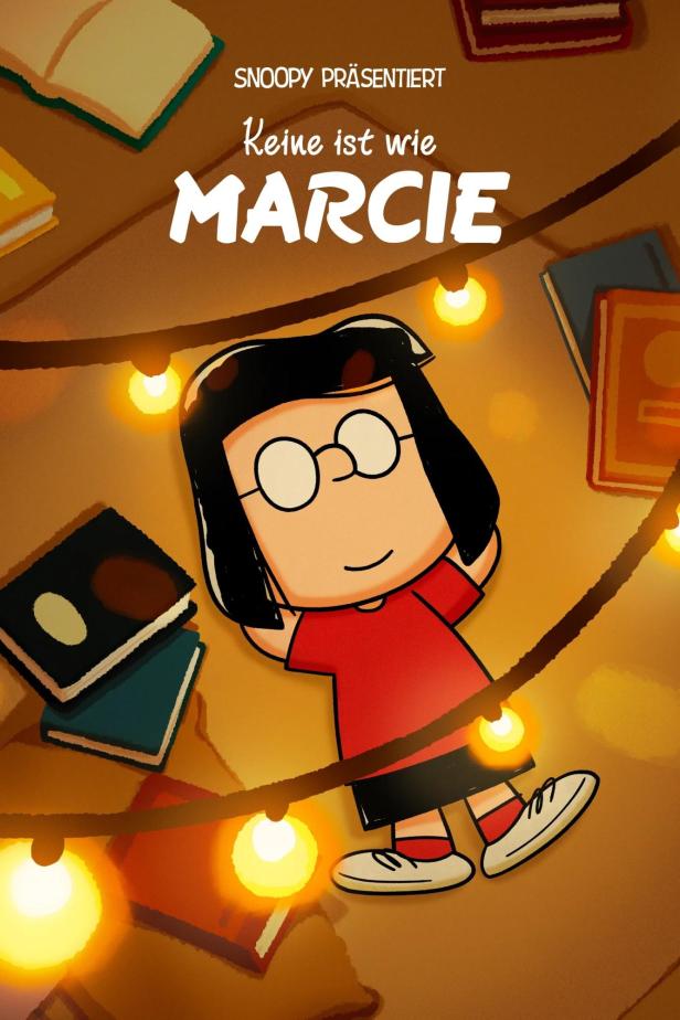 Eine Illustration von Marcie aus der „Peanuts“-Reihe, umgeben von Büchern und Lichtern.