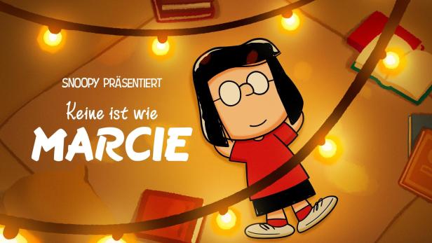Eine Illustration von Marcie aus der „Peanuts“-Reihe, mit dem Titel „Snoopy präsentiert: Keine ist wie Marcie“.